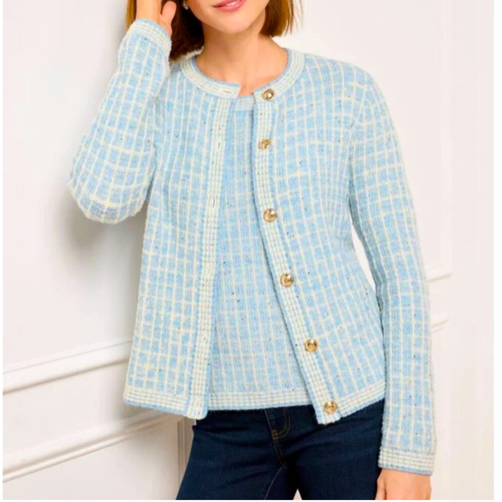 2PC set, Talbots Sweater Set Women's M, Blue Hydrangea/Ivory Sequin Plaid